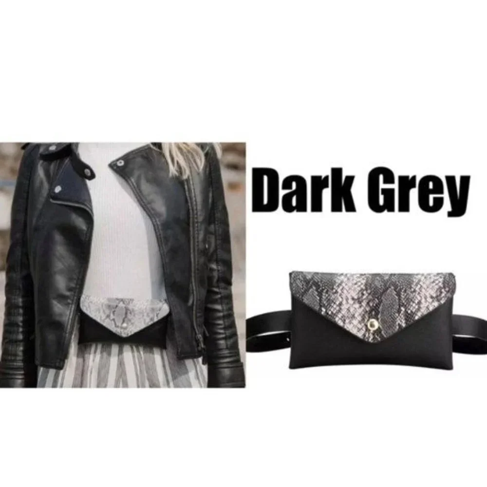 Waist Shoulder Bag Mini Bag Snakeskin Print Faux Leather Dark Gray Lightweight